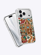 Angled front and back product view of Gingerbread Post Office artwork on an iPhone 17 Pro Max case