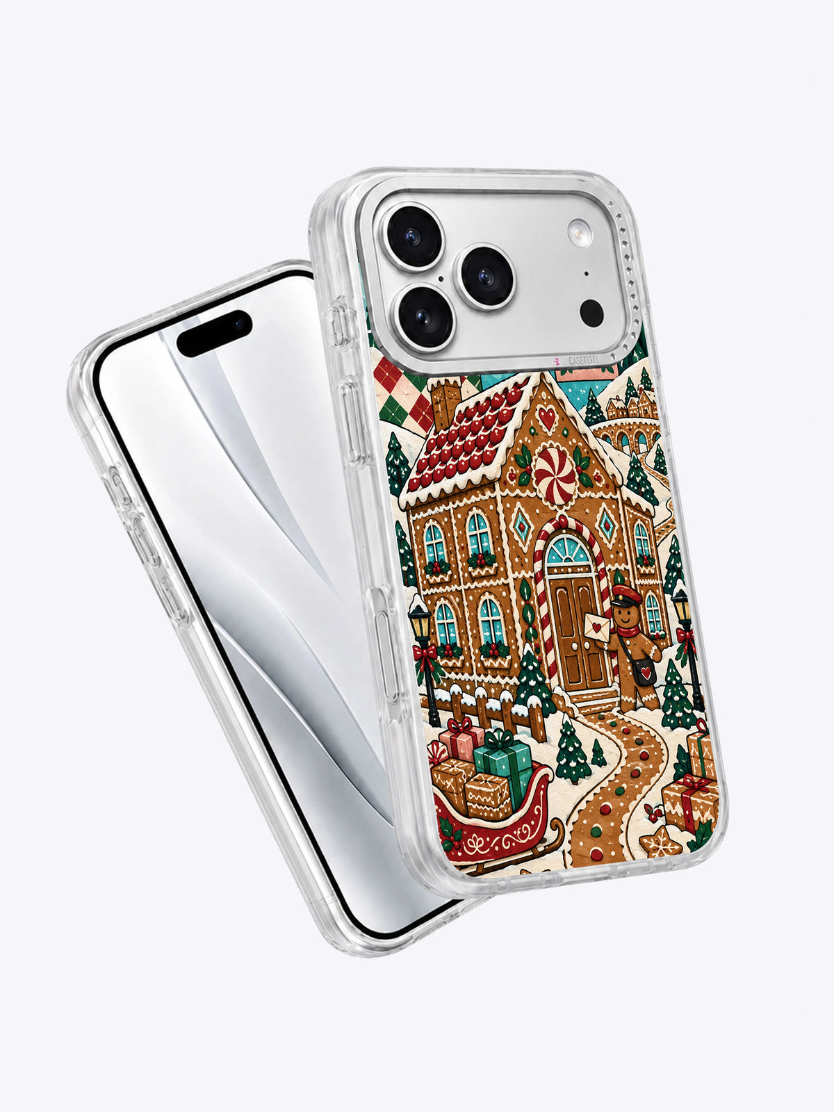 Angled front and back product view of Gingerbread Post Office artwork on an iPhone 17 Pro Max case