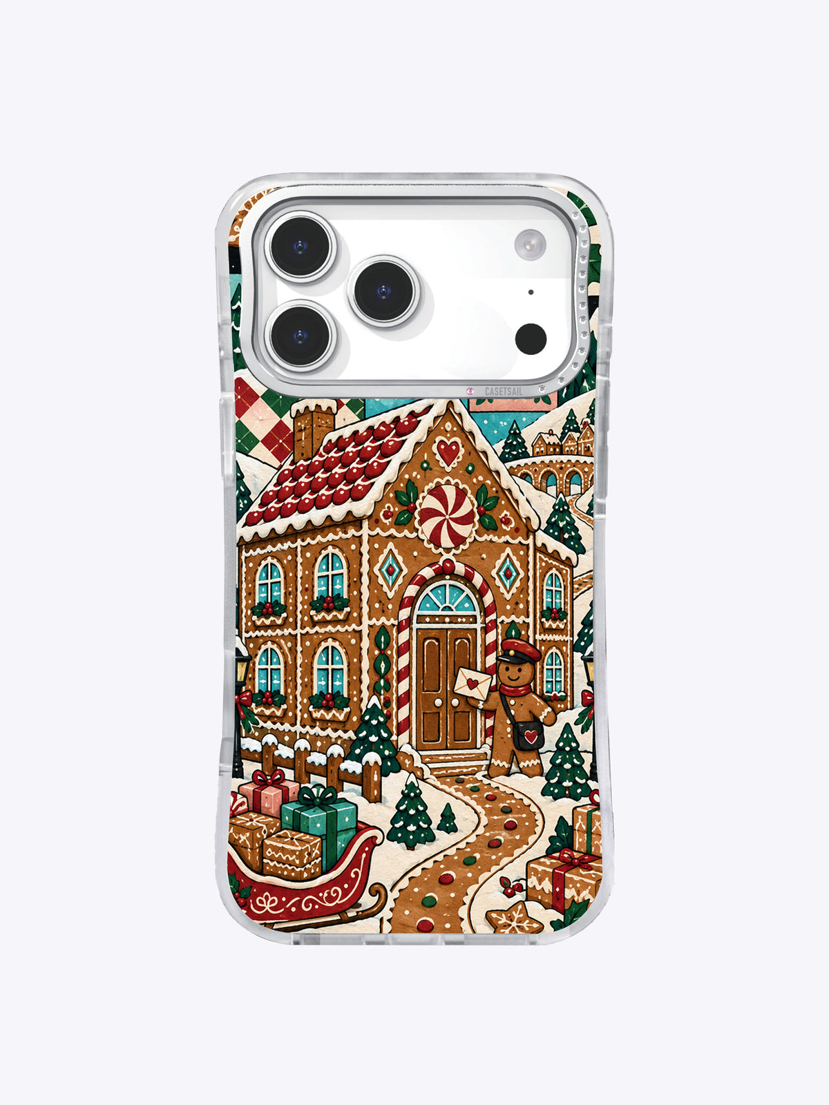 Front product view of Gingerbread Post Office artwork on a clear iPhone 17 Pro Max case