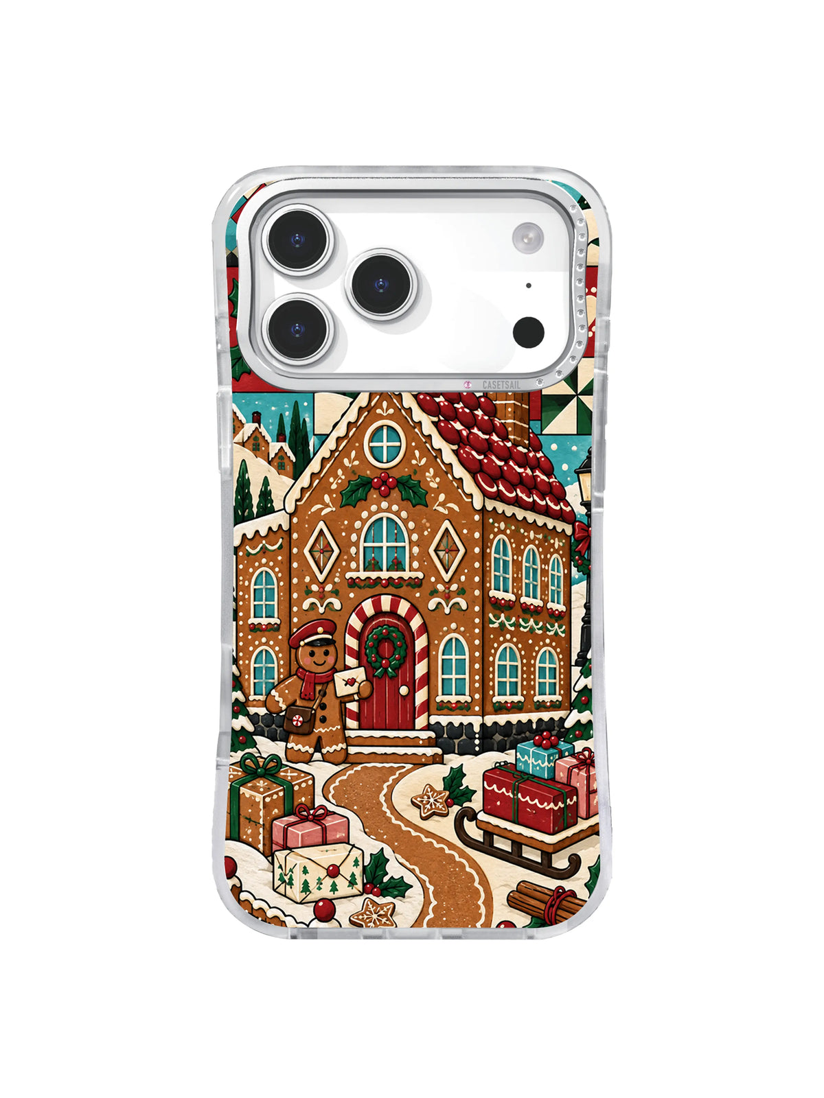 Red Door Parcel Morning artwork on an iPhone case with a gingerbread post office, round red door, cookie courier, stacked gifts, fir trees, and snowy roof