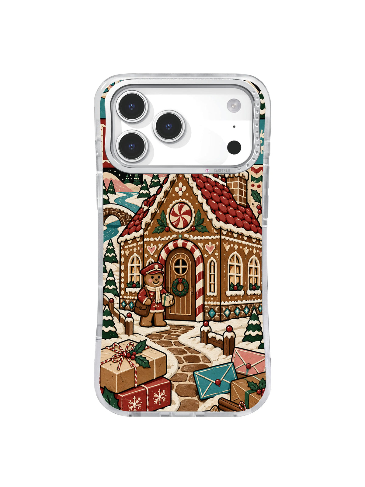 Turquoise Envelope Courtyard artwork on an iPhone case with oversized blue envelopes, gingerbread building, courier, parcels, evergreens, and cookie paths
