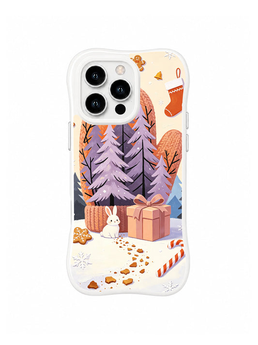Gingerbread trail to home rabbit artwork on an iPhone 15 Pro case with lavender trees, a stocking and a candy cane