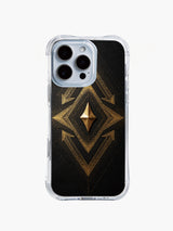 PhoneCasing iPhone 14 Pro Max Case featuring a striking gold apex tribal motif, slim clear case with premium black background print.