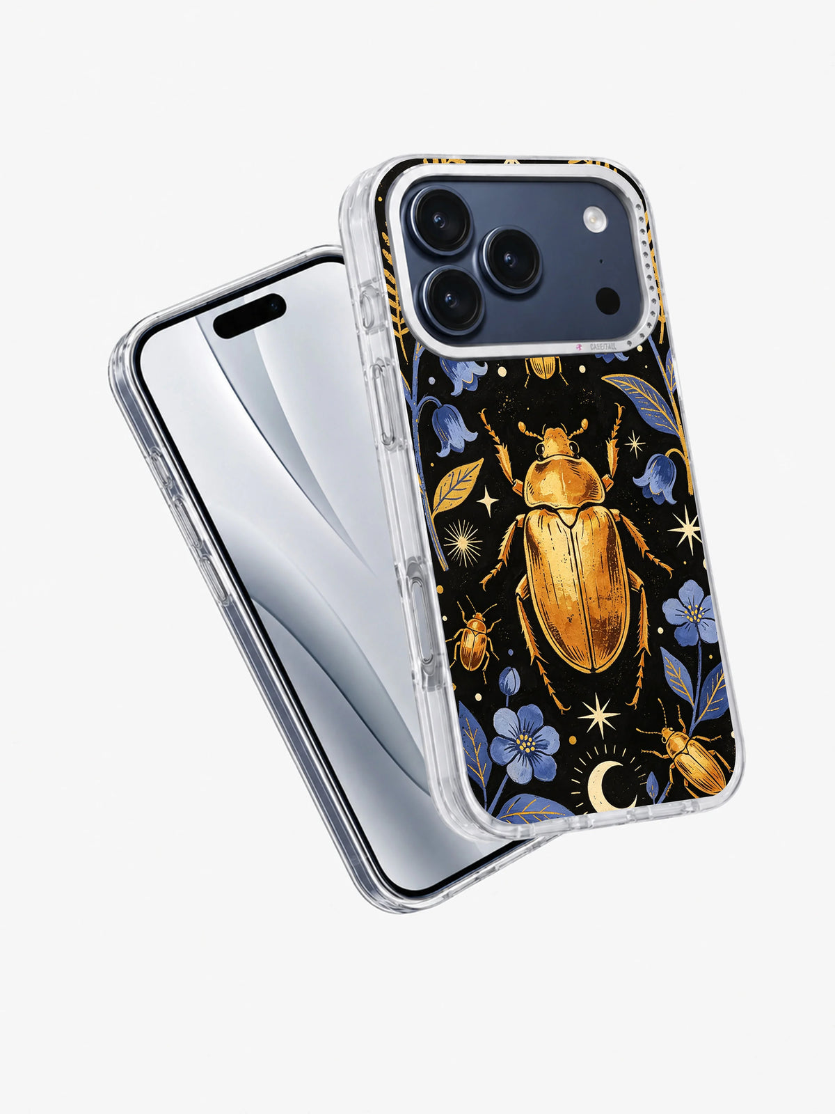 Angled view of Golden Beetle Night artwork on a clear iPhone case