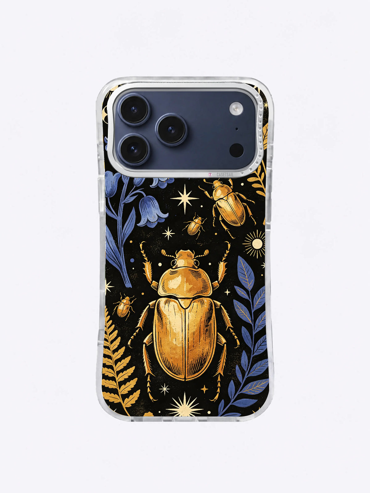 Golden beetle natural-history artwork with blue bellflowers, copper ferns, and radiating stars