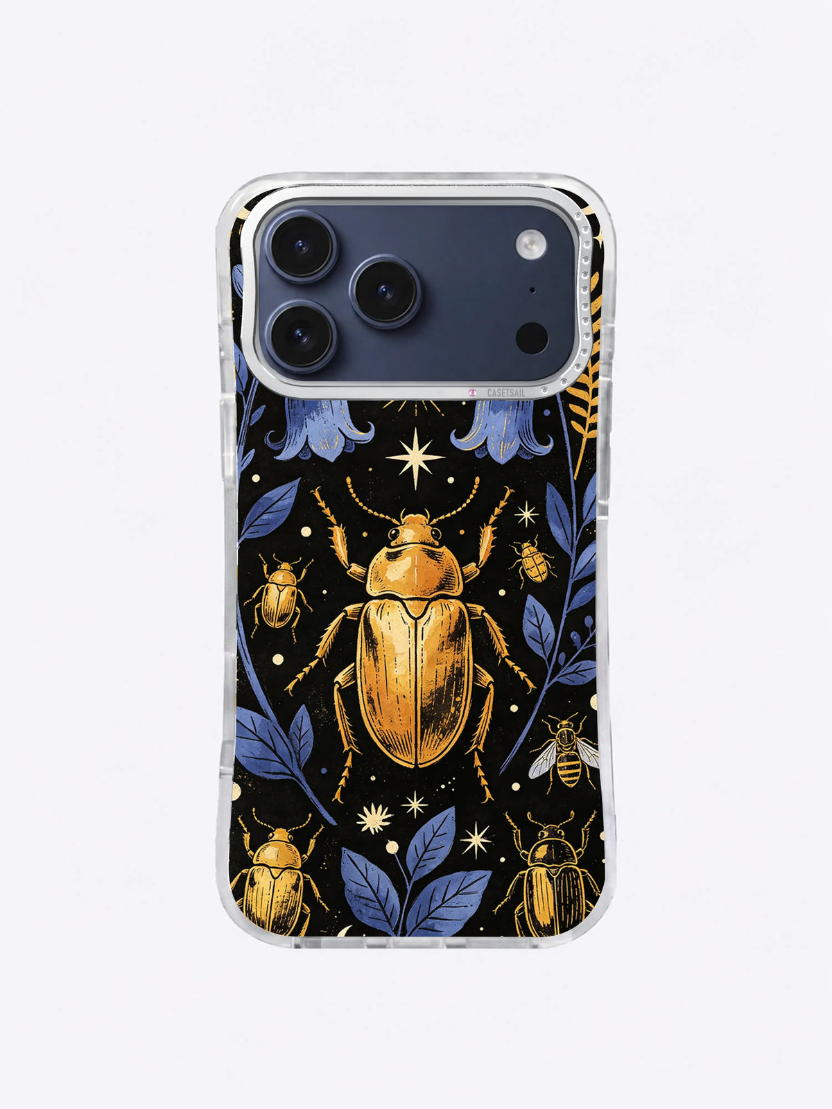 Golden beetle night garden with blue flowers, smaller insects, stars, and a deep black field