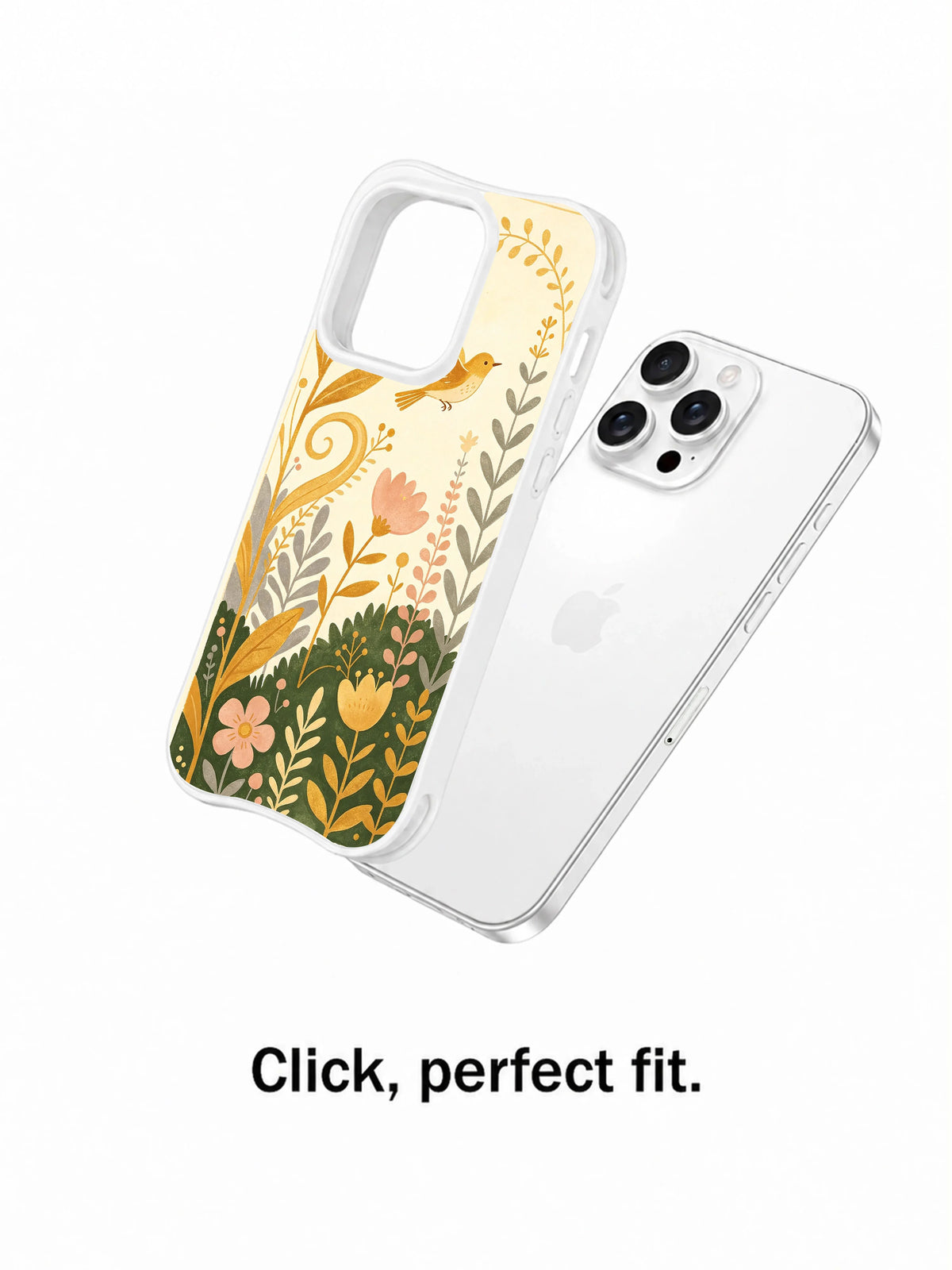 Golden Bird Garden: Telefonun yanında ayrı gösterilen desenli kılıf.