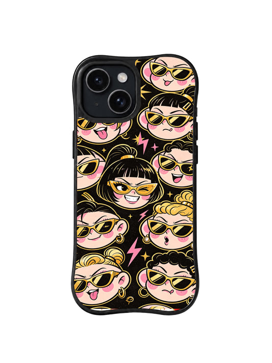 Golden Muse Character Mix: Cream, pink and gold-colored character faces in sunglasses overlap on black.