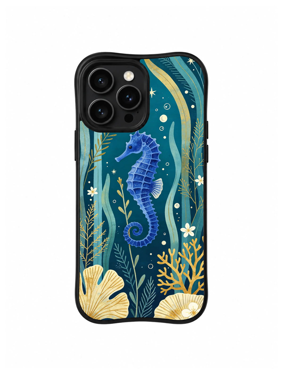 Golden Coral Seahorse: Kobalt denizatı soluk kabukların ve dallanan altın mercanın üzerinde yüzer.