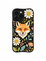 Golden Daisy Fox Garden: An orange fox face is framed by white daisies and curling leaves on black.