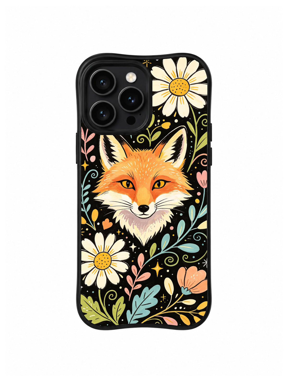 Golden Daisy Fox Garden: An orange fox face is framed by white daisies and curling leaves on black.
