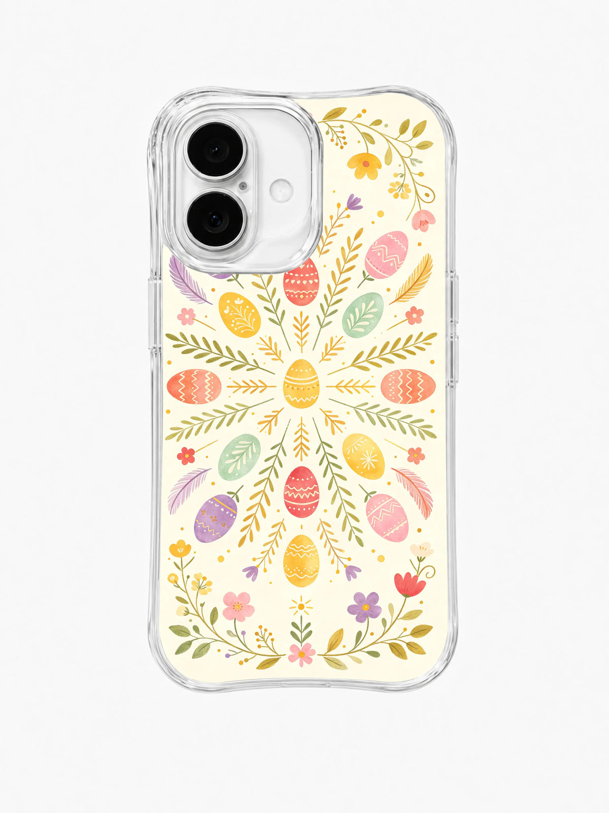 Golden Morning Easter / Golden Egg Garden Starburst: A small yellow center egg with radiating leafy branches and pastel eggs inside a floral border.