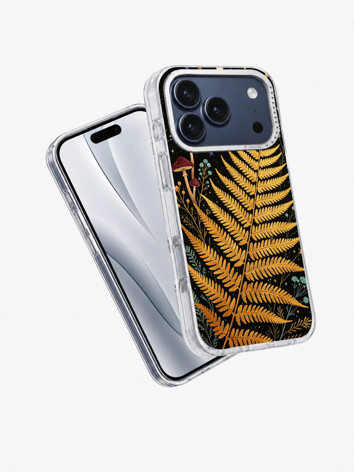 Angled view of Golden Fern Constellation iPhone case with ochre fern artwork
