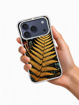 Golden Fern Constellation iPhone case held in hand showing golden fern art