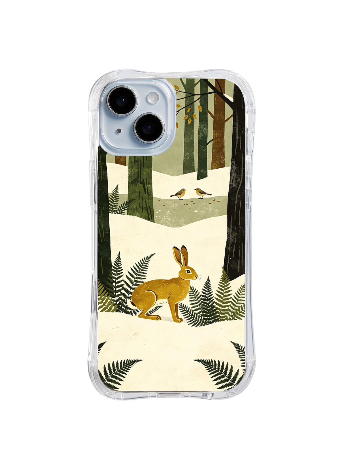 Birchbank Rabbit pattern on a transparent iPhone 13 case with a mustard hare, snowy slope, dark trunks and fern silhouettes