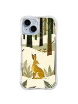 Grove Ear Sentinel pattern on a transparent iPhone 13 case with an upright golden hare, winter woodland and two small birds