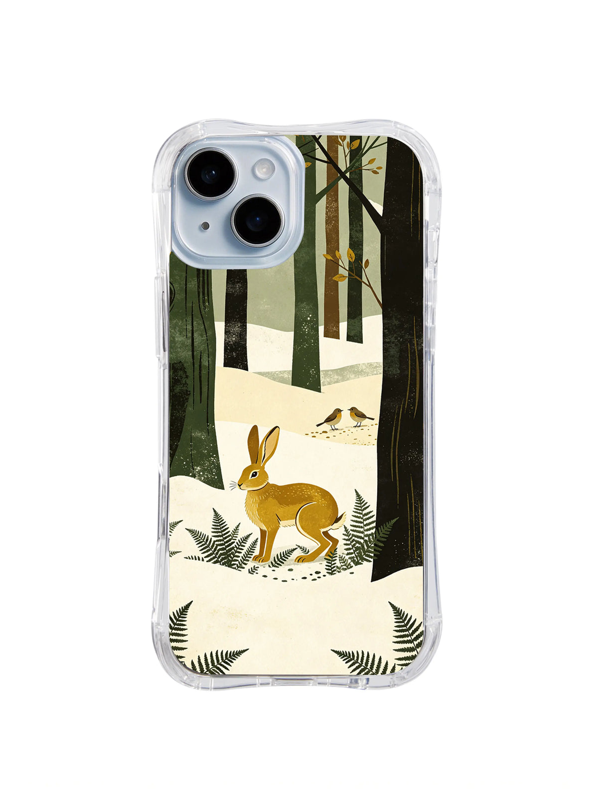 Mustard Fern Listening pattern on a transparent iPhone 13 case with a golden hare, snowy ferns, forest trunks and small birds