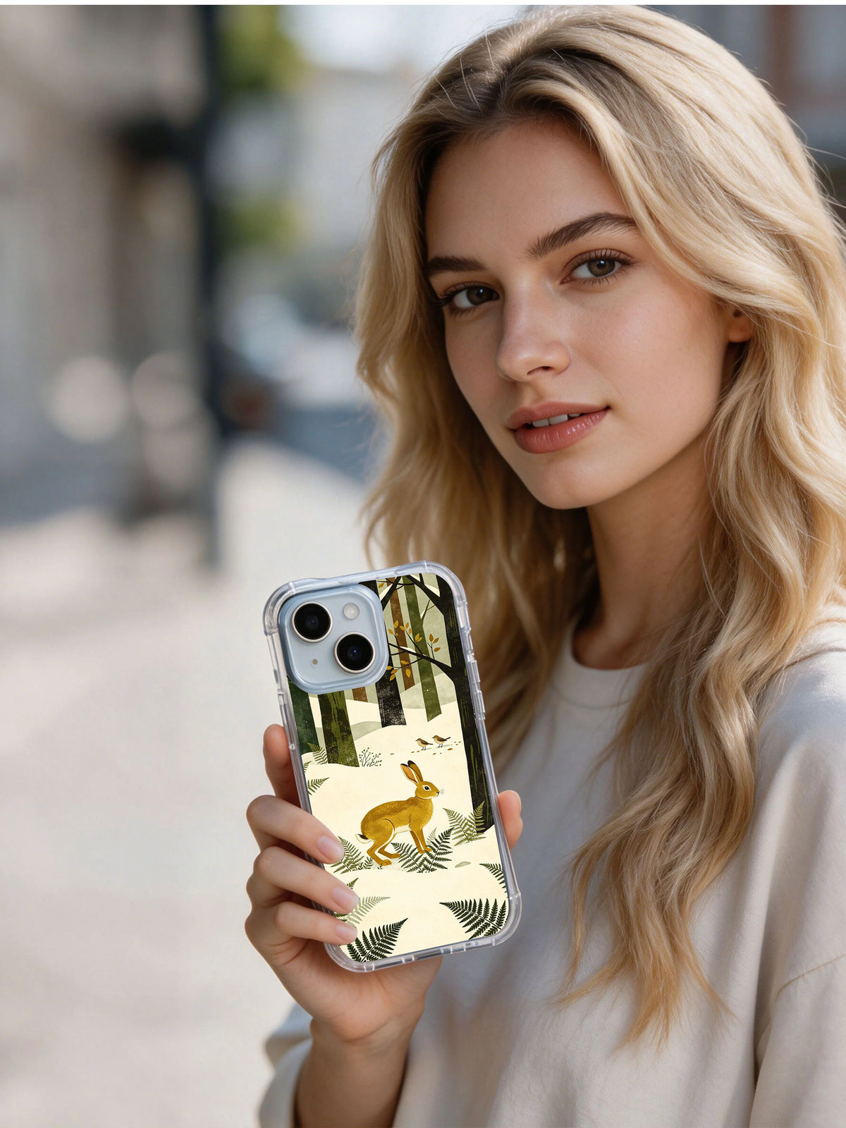 Lifestyle portrait of a person holding the Golden Hare Grove iPhone 13 case with folk woodland artwork
