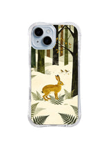Quiet Fern Meadow pattern on a transparent iPhone 13 case with a golden hare listening among snowy ferns and tall woodland trunks