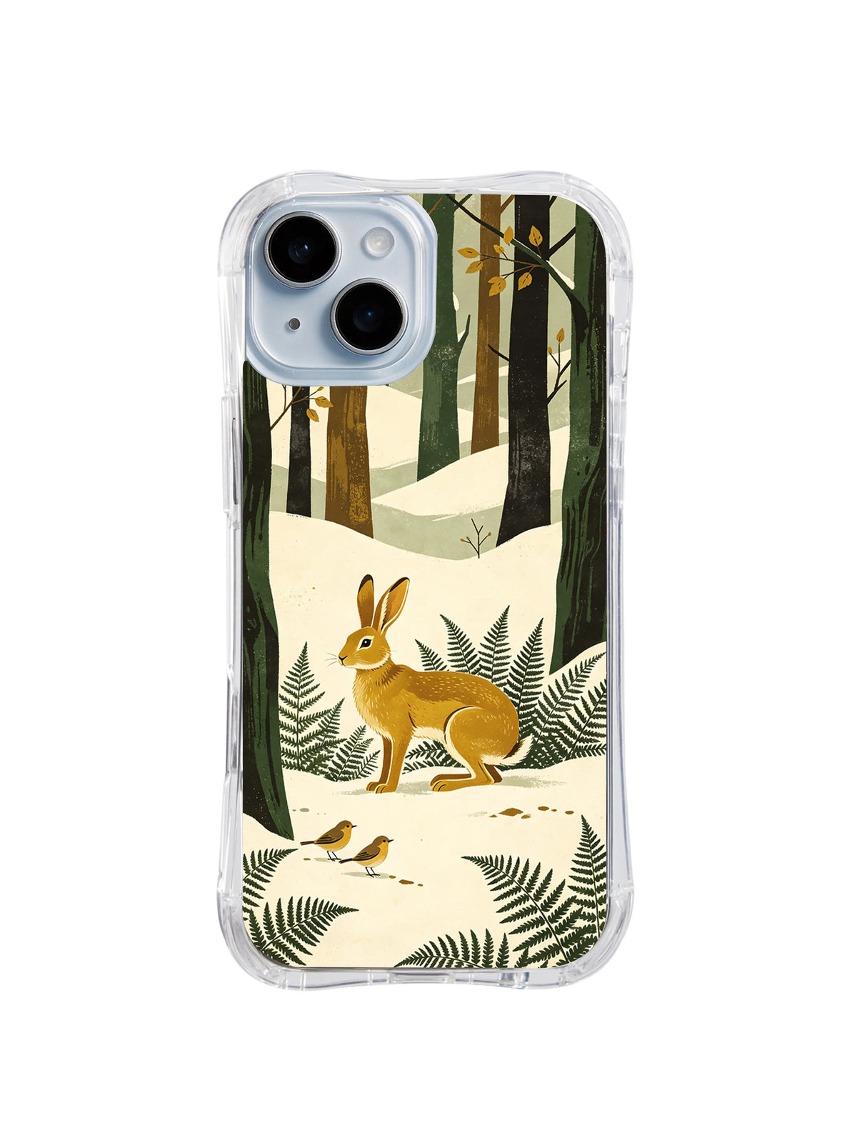 Snowfield Hare pattern on a transparent iPhone 13 case with a mustard rabbit, layered cream snow, evergreen ferns and dark trees