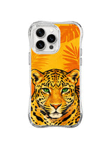 Golden leopard with green eyes beneath orange palm fronds on a yellow iPhone 13 Pro Max case