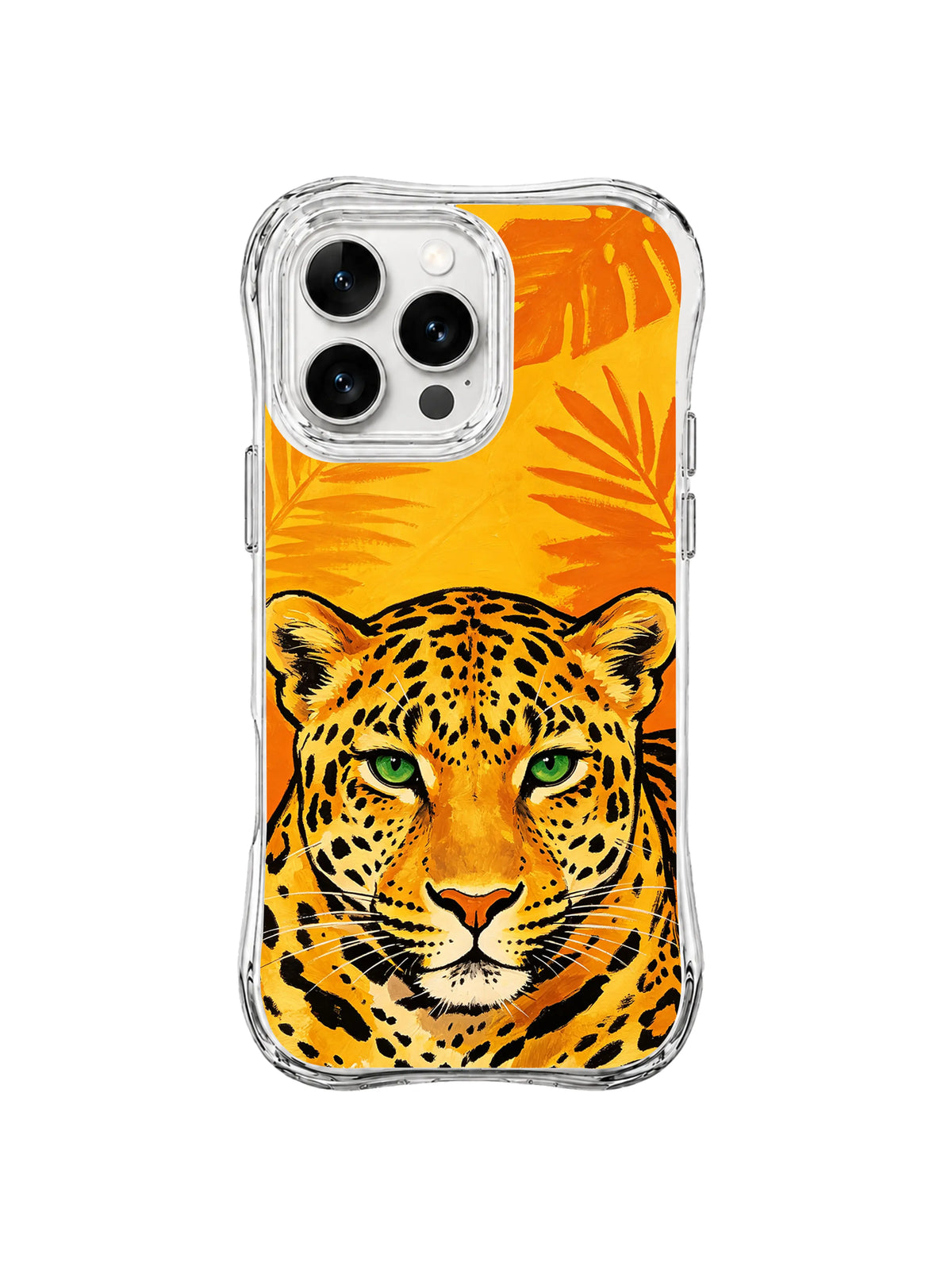 Golden leopard with green eyes beneath orange palm fronds on a yellow iPhone 13 Pro Max case