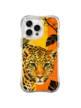 Golden leopard portrait with bold black leaves on an orange and yellow iPhone 13 Pro Max case