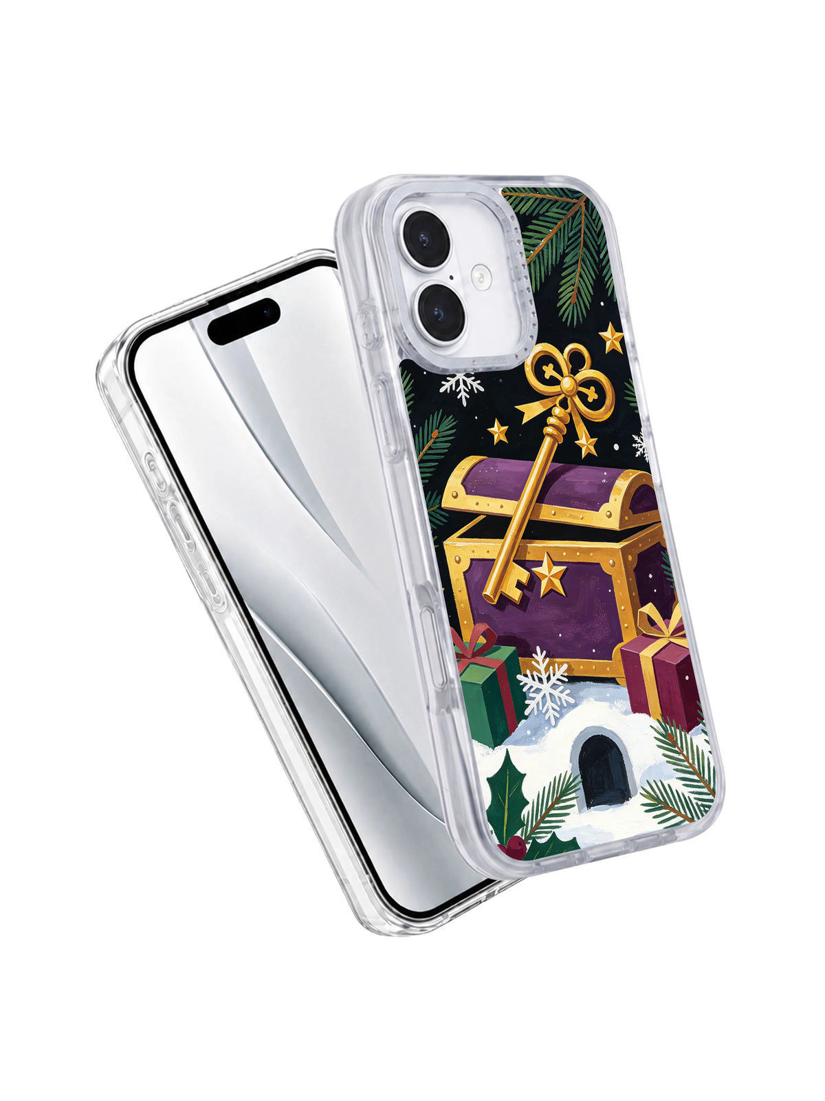 Angled front and back view of The Golden Key and the Gift Chest iPhone 17 case
