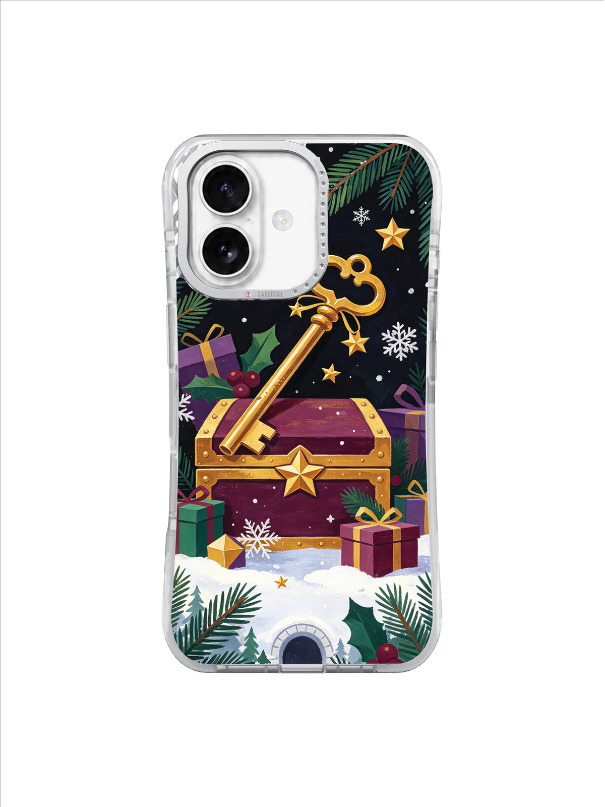 Dark Christmas iPhone 17 case with diagonal gold key, purple chest and evergreen foliage