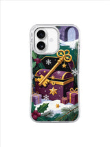 Golden key iPhone 17 case with holly-framed treasure chest and geometric snowflakes