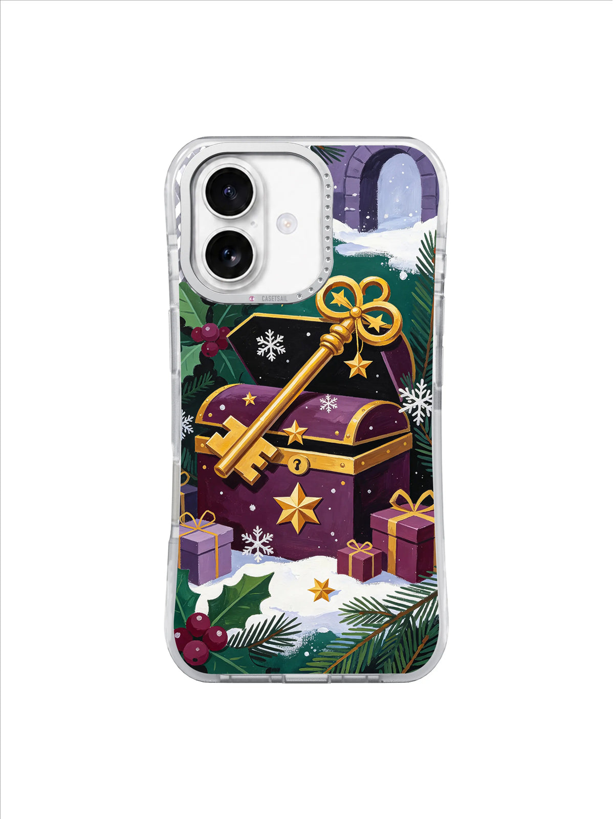 Golden key iPhone 17 case with holly-framed treasure chest and geometric snowflakes