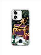 Golden Key and Gift Chest iPhone 17 case with antique-gold key, purple chest, holly and stars