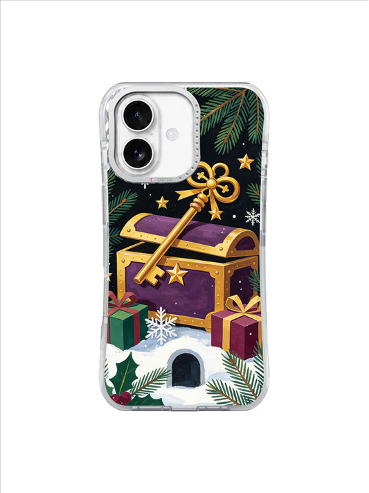Golden Key and Gift Chest iPhone 17 case with antique-gold key, purple chest, holly and stars