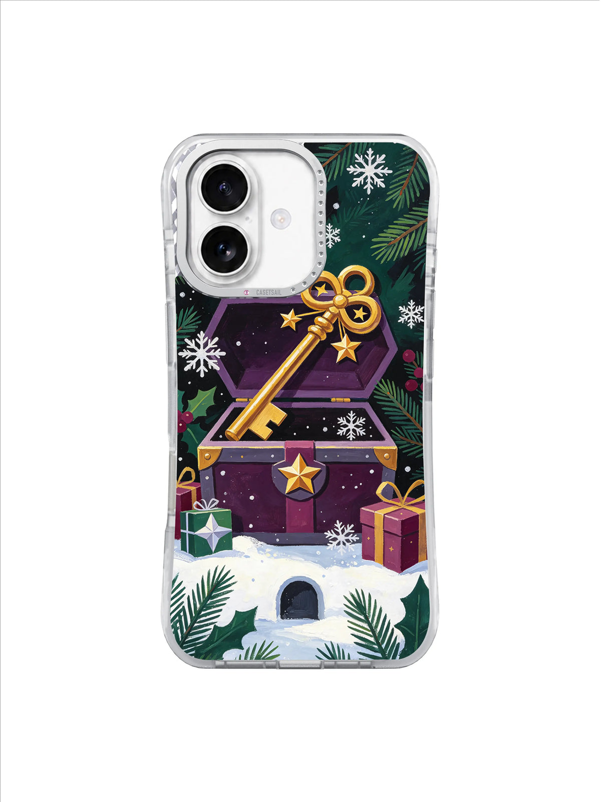 Christmas mystery iPhone 17 case with golden key, gift chest, snowy arch and wrapped presents
