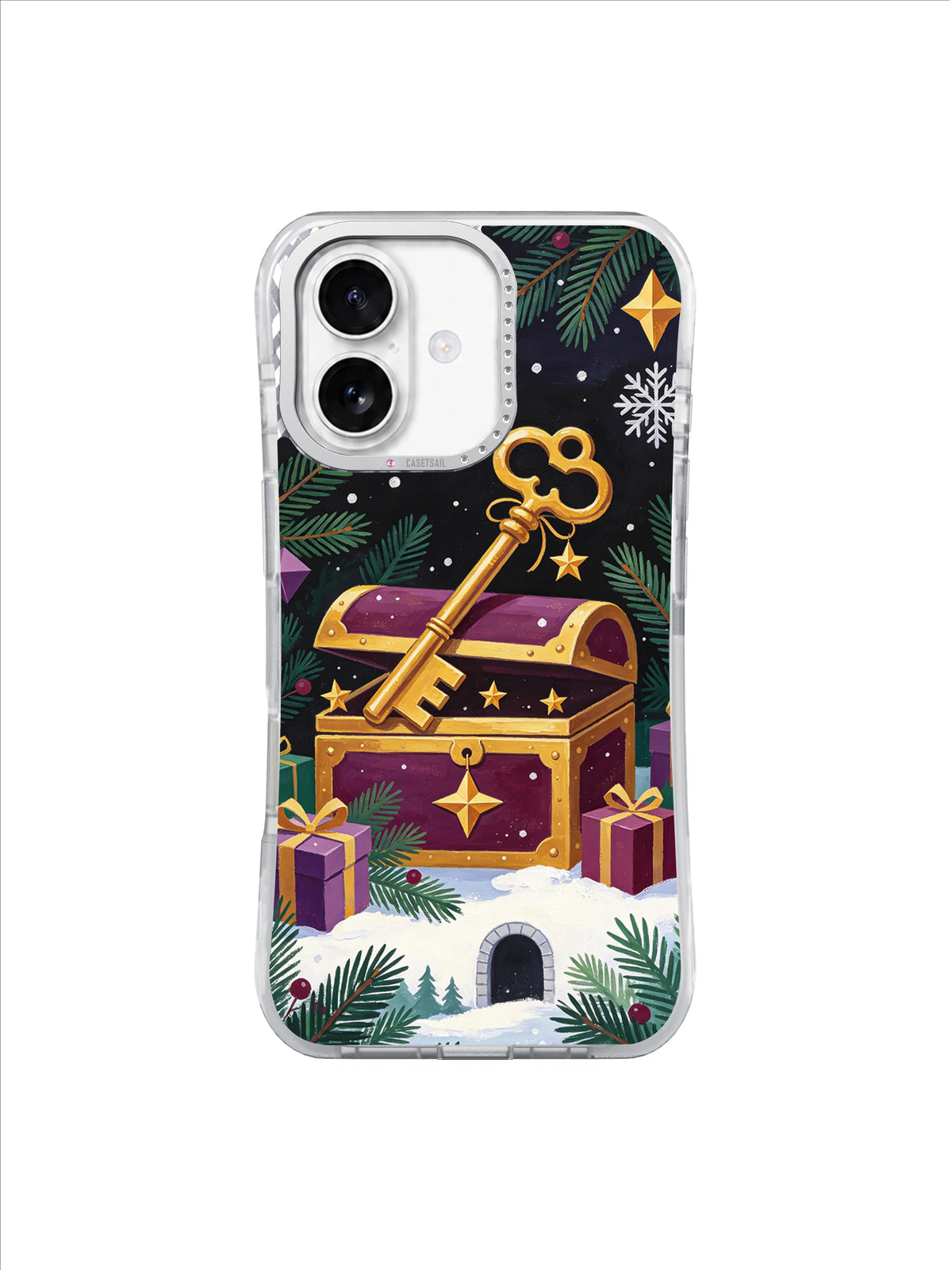 Golden Key and Gift Chest phone case with star ornament, fir branches and cranberry gifts