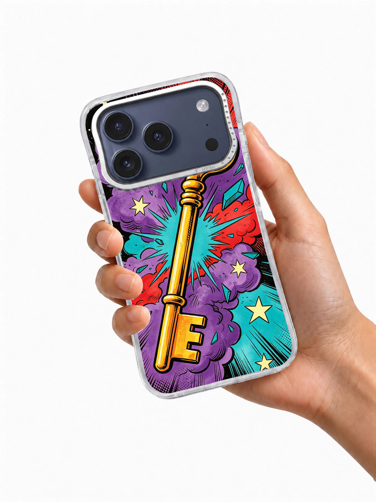 Golden Key Shock iPhone case shown in hand