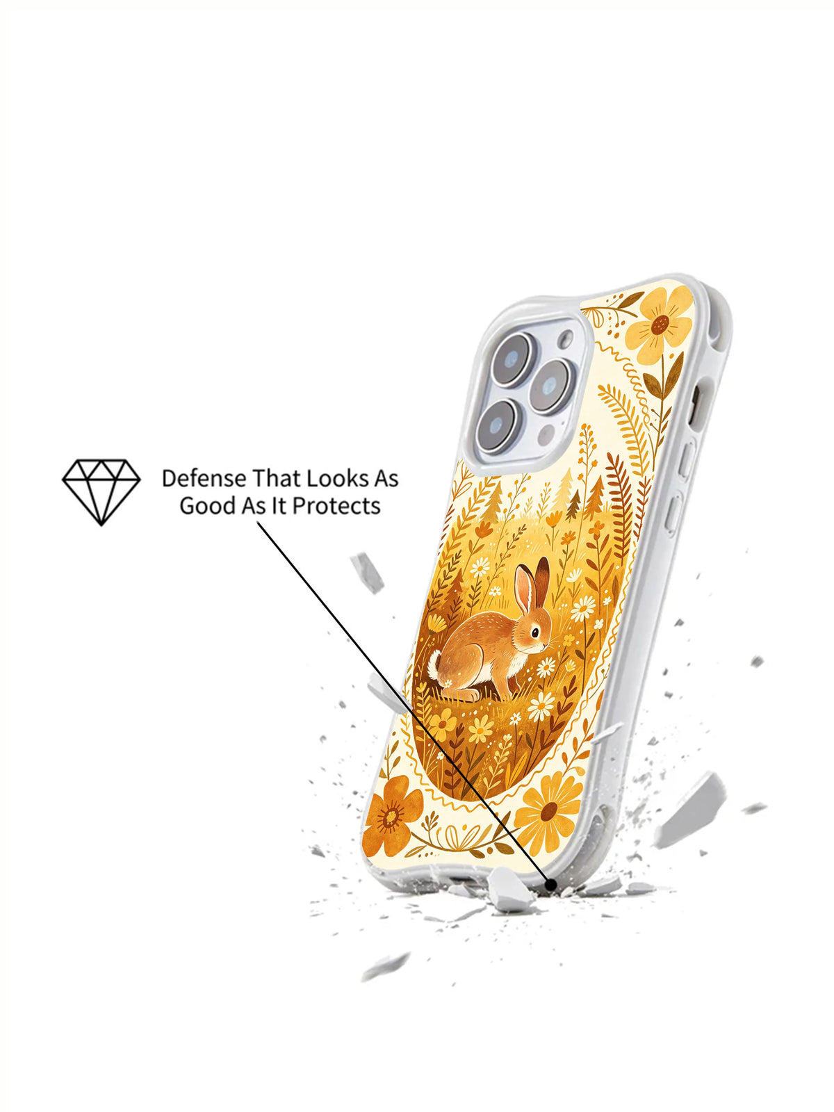 Golden Meadow Rabbit: Angled illustrated case above a broken-surface graphic.