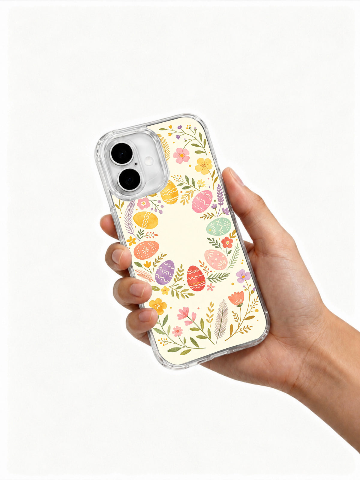 Golden Morning Easter: Hand holding the case with its illustrated back facing outward.
