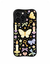 Golden Moth Candle Charms: Pale moths fly among gold keys, candles, flowers, bows and small charms.