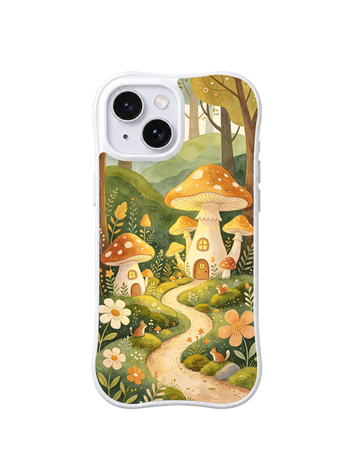 Golden Mushroom Lane: Orange-capped mushroom houses line a winding path through green hills and daisies.