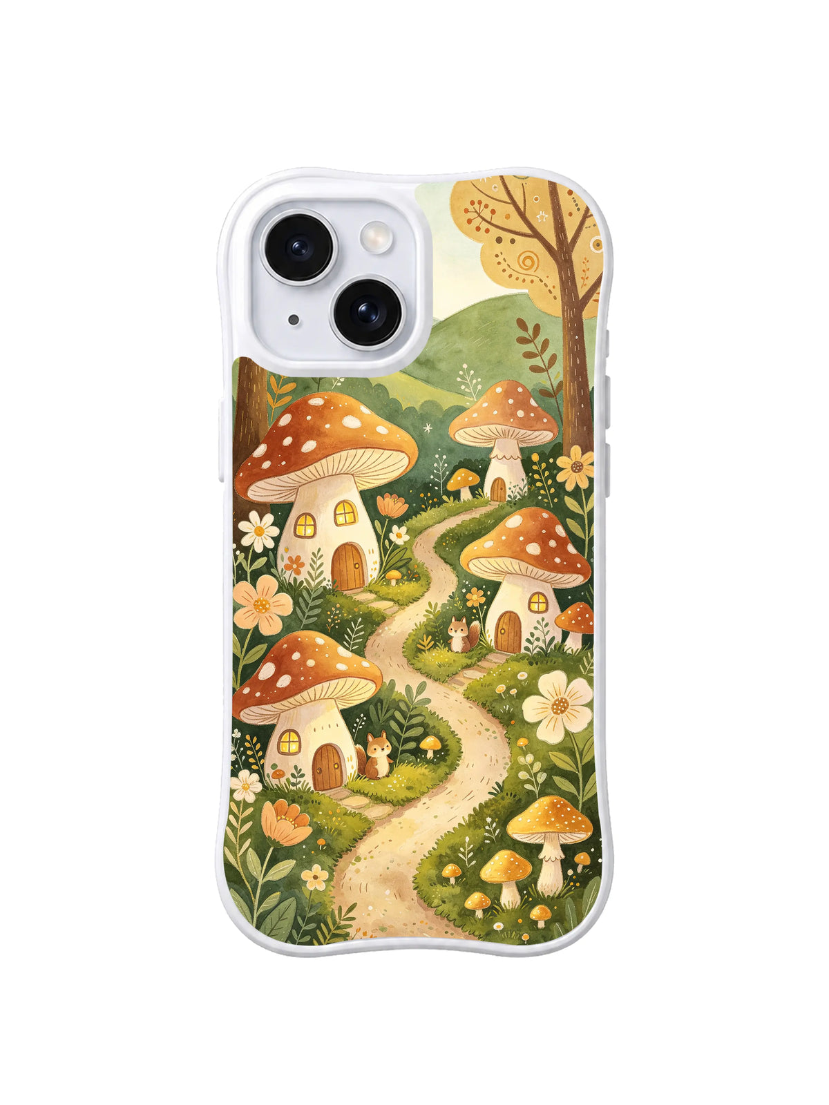 Daisy Mushroom Village: Several spotted mushroom cottages surround a path among large peach and white flowers.