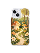 Woodland Creature Path: Mushroom houses and tiny woodland animals sit beside a pale forest trail.
