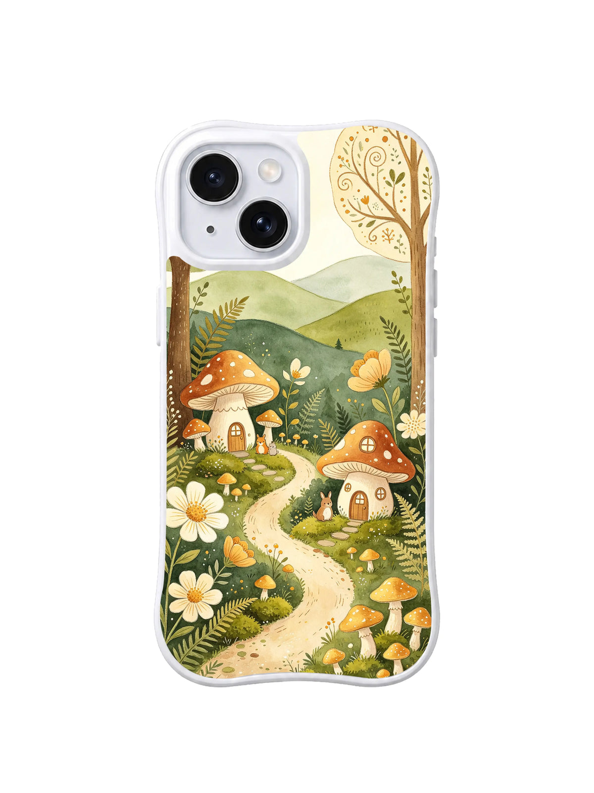 Golden Cap Hill Path: Golden-capped mushroom cottages stand beside a pale path below rolling hills.