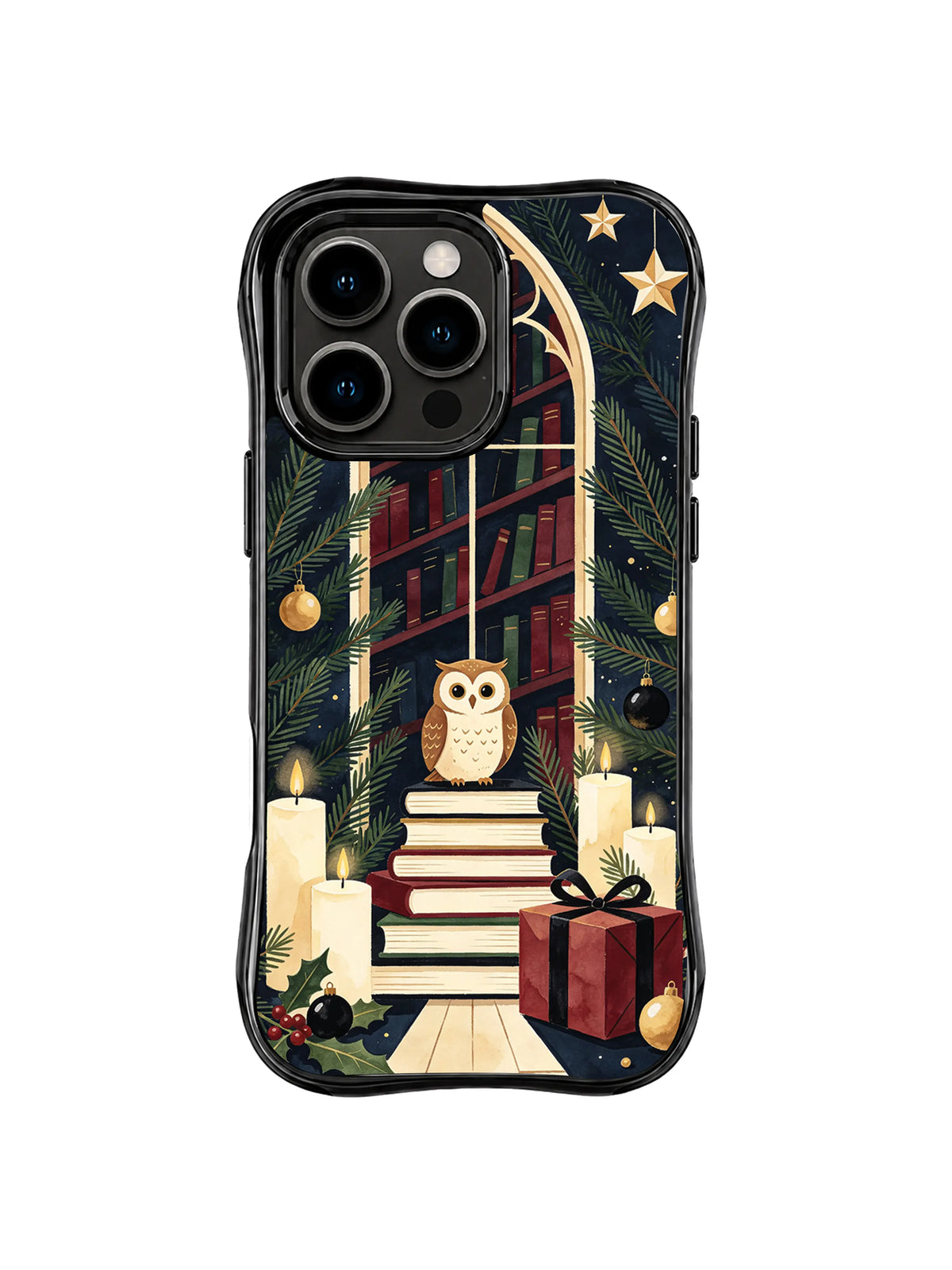 Golden ornament reading room artwork on an iPhone 15 Pro case with an owl, open books and evergreen branches
