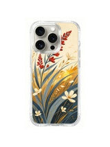 Golden Grass Sunrise: Red stems, golden grasses and ivory flowers rise across a pale field.