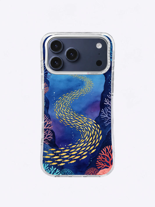 Golden sardine river iPhone case pattern with a luminous fish current in deep blue water