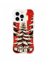 Golden Star Gift Tree pattern on a white iPhone 14 Pro case with a full black-and-ivory evergreen, red baubles, gold stars and stacked gifts
