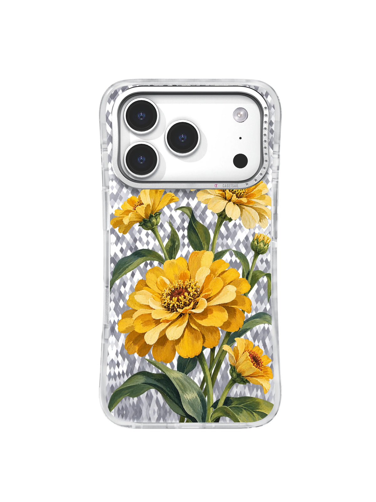 Golden Shelter pattern with a large mustard zinnia, smaller cream blooms, sage leaves, and open transparent space on an iPhone 17 Pro case