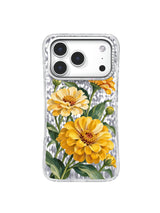 Room to Grow pattern with layered mustard and cream zinnias, young buds, and transparent breathing spaces on an iPhone 17 Pro case