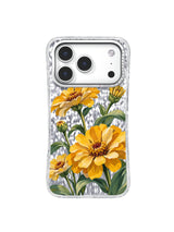 Shared Sunlight pattern with a full golden zinnia, two upper blooms, small buds, and curved green stems on an iPhone 17 Pro case
